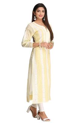 Yellow Embroidered Cotton Chikankari Kurti 3