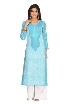 Ada Hand Embroidered Blue Cotton Lucknowi Chikan Women Kurta - A241895 1