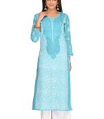 Ada Hand Embroidered Blue Cotton Lucknowi Chikan Women Kurta - A241895