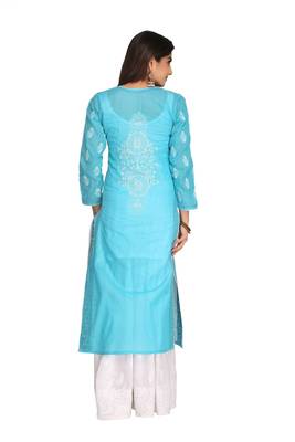 Ada Hand Embroidered Blue Cotton Lucknowi Chikan Women Kurta - A241895 2