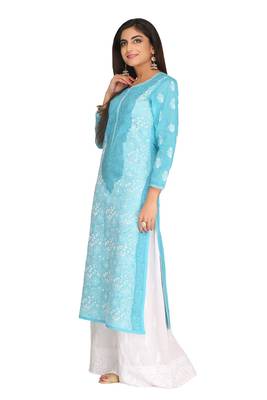 Ada Hand Embroidered Blue Cotton Lucknowi Chikan Women Kurta - A241895 3