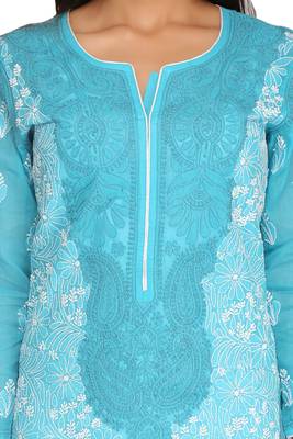 Ada Hand Embroidered Blue Cotton Lucknowi Chikan Women Kurta - A241895 4