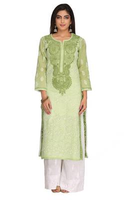 Green Embroidered Cotton Chikankari Kurti 1