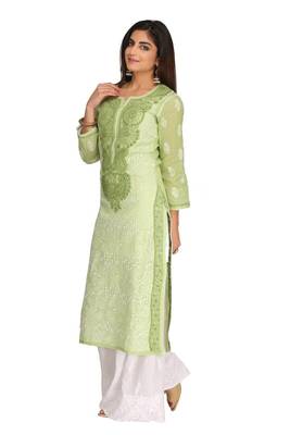 Green Embroidered Cotton Chikankari Kurti 3