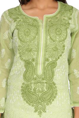 Green Embroidered Cotton Chikankari Kurti 4