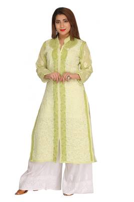 Ada Hand Embroidered Green Cotton Lucknowi Chikankari Indian Women Kurta - A242122 1
