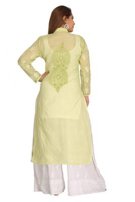 Ada Hand Embroidered Green Cotton Lucknowi Chikankari Indian Women Kurta - A242122 2