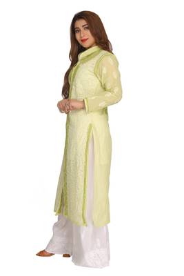 Ada Hand Embroidered Green Cotton Lucknowi Chikankari Indian Women Kurta - A242122 3