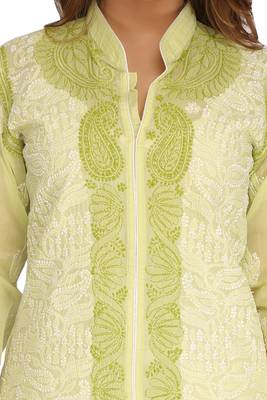 Ada Hand Embroidered Green Cotton Lucknowi Chikankari Indian Women Kurta - A242122 4
