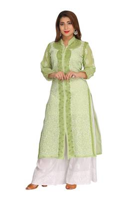 Green Embroidered Cotton Chikankari Kurti 1