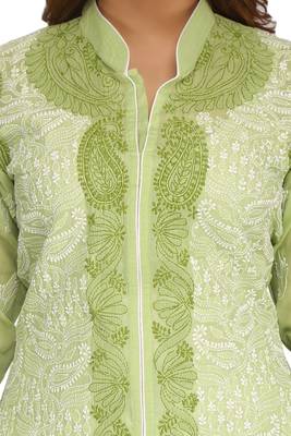 Green Embroidered Cotton Chikankari Kurti 4