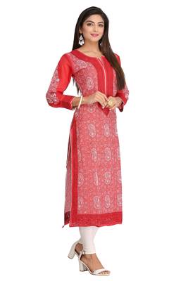 Red Embroidered Cotton Chikankari Kurti  2