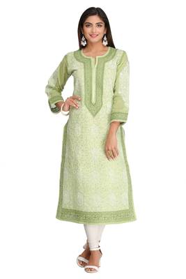Ada Hand Embroidered Green Cotton Lucknow Chikan Women Kurta - A253950 2