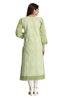 Ada Hand Embroidered Green Cotton Lucknow Chikan Women Kurta - A253950 3