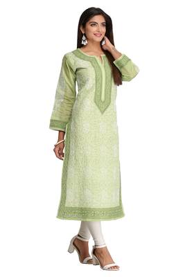 Ada Hand Embroidered Green Cotton Lucknow Chikan Women Kurta - A253950 4