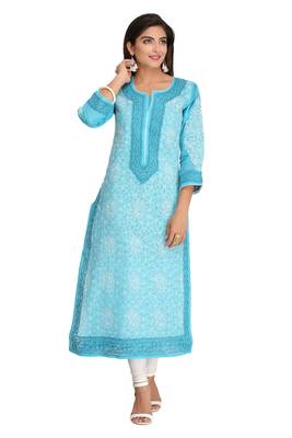 Blue Embroidered Cotton Chikankari Kurti 1
