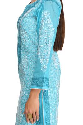 Blue Embroidered Cotton Chikankari Kurti 3