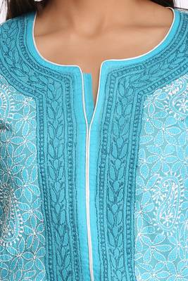 Blue Embroidered Cotton Chikankari Kurti 4