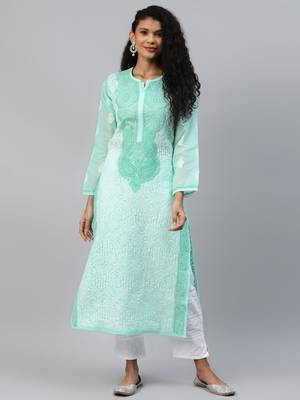 Ada Women Hand Embroidered Sea Green Cotton Lucknow Chikankari Kurta - A254199 1