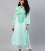 Ada Women Hand Embroidered Sea Green Cotton Lucknow Chikankari Kurta - A254199
