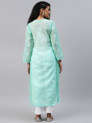 Ada Women Hand Embroidered Sea Green Cotton Lucknow Chikankari Kurta - A254199 2