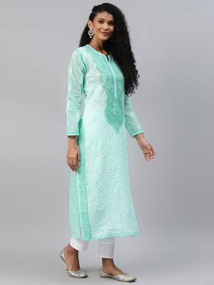 Ada Women Hand Embroidered Sea Green Cotton Lucknow Chikankari Kurta - A254199 3