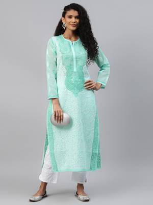 Ada Women Hand Embroidered Sea Green Cotton Lucknow Chikankari Kurta - A254199 4