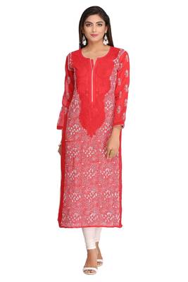 Red Embroidered Cotton Chikankari Kurti 1