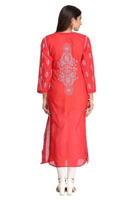 Red Embroidered Cotton Chikankari Kurti 2
