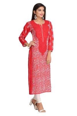 Red Embroidered Cotton Chikankari Kurti 3