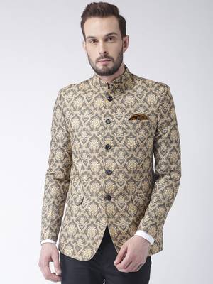Beige Printed Polyester Bandhgala Suit 1
