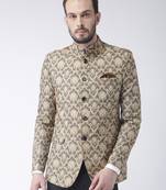 Beige Printed Polyester Bandhgala Suit