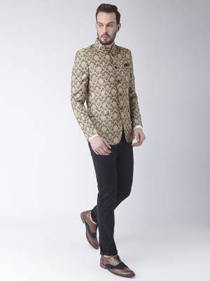 Beige Printed Polyester Bandhgala Suit 2