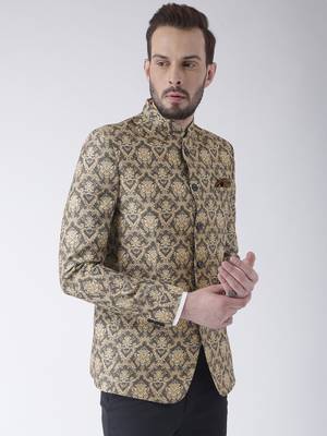 Beige Printed Polyester Bandhgala Suit 4