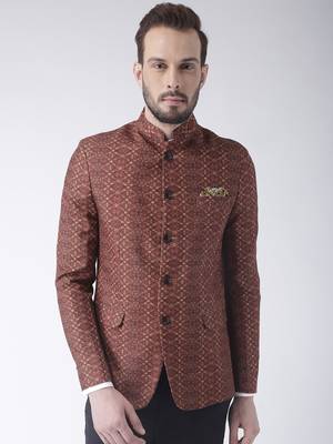 Brown Printed Polyester Bandhgala Suit 1