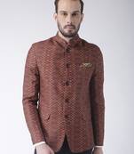 Brown Printed Polyester Bandhgala Suit