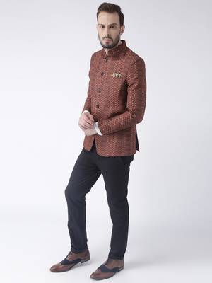 Brown Printed Polyester Bandhgala Suit 2