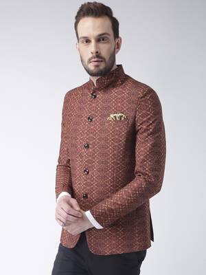Brown Printed Polyester Bandhgala Suit 3