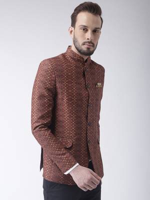 Brown Printed Polyester Bandhgala Suit 4