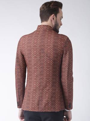 Brown Printed Polyester Bandhgala Suit 5
