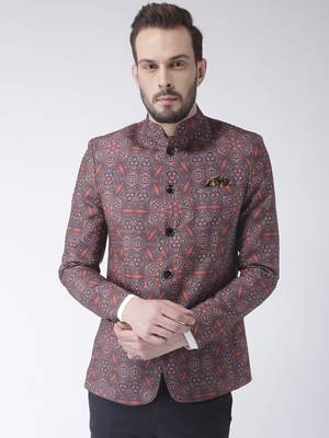 Brown Printed Polyester Bandhgala Suit 1