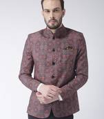 Brown Printed Polyester Bandhgala Suit