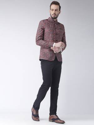Brown Printed Polyester Bandhgala Suit 2