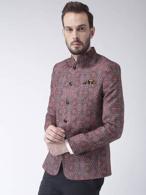 Brown Printed Polyester Bandhgala Suit 3