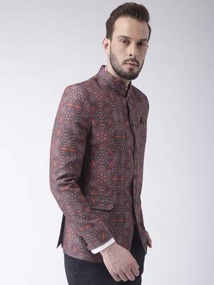 Brown Printed Polyester Bandhgala Suit 4