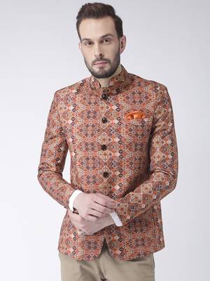 Brown Printed Polyester Bandhgala Suit 1