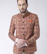 Brown Printed Polyester Bandhgala Suit