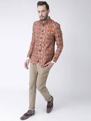 Brown Printed Polyester Bandhgala Suit 2