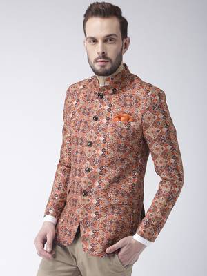 Brown Printed Polyester Bandhgala Suit 3