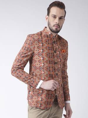Brown Printed Polyester Bandhgala Suit 4